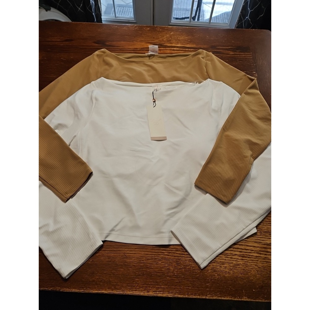 Calia Rib Boat Neck 2 Long Sleeve Crop Tops Built In Bra White/ Brown Nwt (A622)